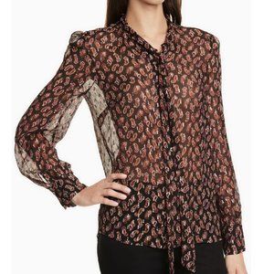 NWT Diane von Furstenberg DVF Lanie Silk Blouse, Tie Paisley Black, XL, Tie Neck